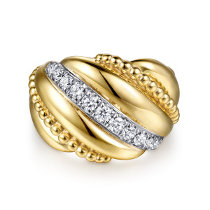 Gabriel & Co. LR52926Y45JJ 14 karat yellow gold Bujukan ring, front view of a diagonal row of round diamonds between smooth ridges and bead strands