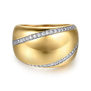 Gabriel & Co. LR52937Y45JJ 14 karat yellow gold Contemporary ring, front view of the glossy domed face crossed by diagonal rows of round diamonds