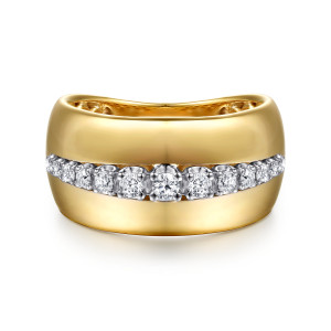 Gabriel & Co. LR52942M45JJ 14 karat white and yellow gold Contemporary ring, front view of a line of diamonds, larger at the center, across a wide polished face