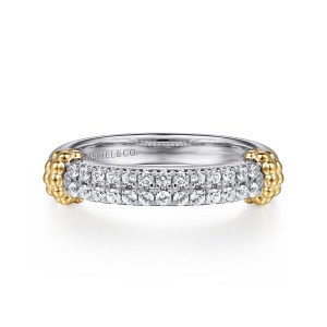 Gabriel & Co. LR52959MZJWS sterling silver and 14 karat yellow gold Bujukan ring, front view of two rows of stones between clusters of polished metal beads