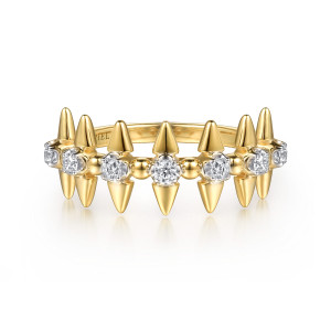 Gabriel & Co. LR52993Y45JJ 14 karat yellow gold Bujukan ring, front view of round diamonds flanked by pointed spikes with beads between the stations