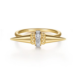 Gabriel & Co. LR52995Y45JJ 14 karat yellow gold Bujukan ring, front view of the double pointed spike with a diamond collar between metal beads
