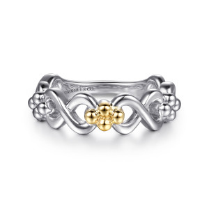 Gabriel & Co. LR53014MZJJJ sterling silver and 14 karat yellow gold Bujukan ring, front view of crossing infinity loops around a warmer toned cluster of metal beads