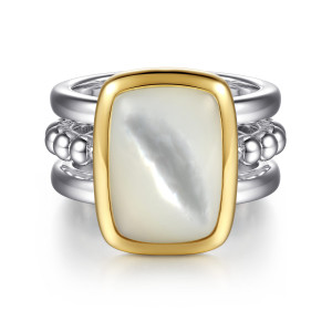 Gabriel & Co. LR53080MZJWM sterling silver and 14 karat yellow gold Bujukan ring, front view of the mother of pearl top in its smooth bezel with beads at each side