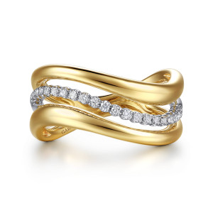Gabriel & Co. LR53144M45JJ 14 karat white and yellow gold Contemporary ring, front view of wavy strands crossing with a diamond strand between them