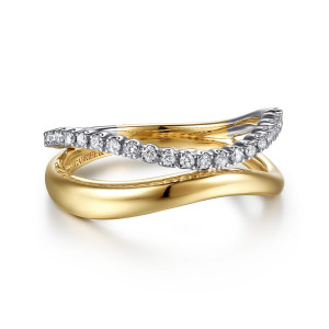 Gabriel & Co. LR53145M45JJ 14 karat white and yellow gold Contemporary ring, front view of a smooth polished strand crossing a lighter strand of prong set diamonds