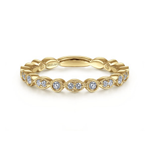 Gabriel & Co. LR5701Y45JJ 14 karat yellow gold Stackable ring, front view of round bezel set diamonds alternating with pointed oval frames of two diamonds