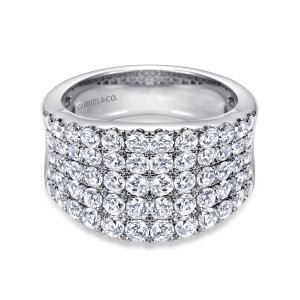 Gabriel & Co. LR6365W44JJ 14 karat white gold Lusso ring, front view of tight rows of round diamonds across the full face above a polished inner band