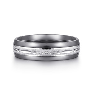 Gabriel & Co. MAB60210TAW4JJJ tantalum and 14 karat white gold Signature men's wedding band, front view of a lighter cut center strip between two polished darker domed sections