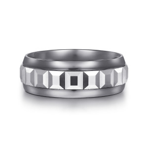 Gabriel & Co. MAB80215TAW4JJJ tantalum and 14 karat white gold Signature men's wedding band, front view of the faceted block strip between two smooth polished rails