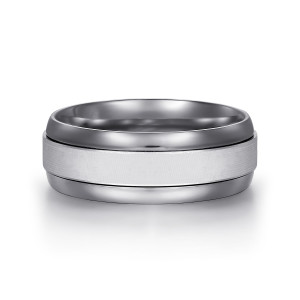 Gabriel & Co. MAB80216TAW4JJJ tantalum and 14 karat white gold Signature men's wedding band, front view of a lighter satin strip framed by glossy darker sides