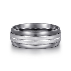 Gabriel & Co. MAB80217TAW4JJJ tantalum and 14 karat white gold Signature men's wedding band, front view of the light satin strip between dark polished sides, split by a dashed groove