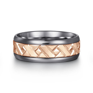 Gabriel & Co. MAR80218TAK4JJJ tantalum and 14 karat rose gold Signature men's wedding band, front view of slanted bars and small faceted squares across a satin center strip