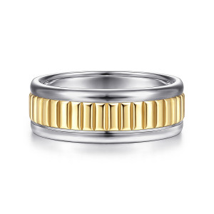Gabriel & Co. MBH0117-80M4JJJ 14 karat white and yellow gold Exclusive men's wedding band, front view of a warm ribbed center band between two smooth rounded rails