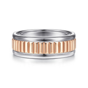 Gabriel & Co. MBH0117-80T4JJJ 14 karat white and rose gold Exclusive men's wedding band, front view of the ribbed center strip between two polished rails with rounded outer edges