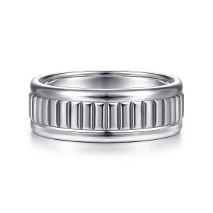 Gabriel & Co. MBH0117-80W4JJJ 14 karat white gold Exclusive men's wedding band, front view of the upright ribs set between two thick polished rims