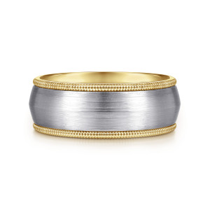 Gabriel & Co. MBH0118-80M4JJJ 14 karat white and yellow gold Signature men's wedding band, front view of the brushed domed center between two beaded edges in the warmer tone