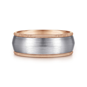Gabriel & Co. MBH0118-80T4JJJ 14 karat white and rose gold Signature men's wedding band, front view of the brushed domed face between two rows of fine beading