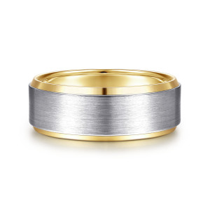 Gabriel & Co. MBH0120-80M4JJJ 14 karat white and yellow gold Signature men's wedding band, front view of the brushed center panel framed by narrow beveled polished edges