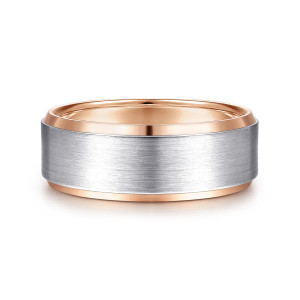 Gabriel & Co. MBH0120-80T4JJJ 14 karat white and rose gold Signature men's wedding band, front view of a brushed center panel between polished beveled edges