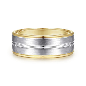 Gabriel & Co. MBH0121-80M4JJJ 14 karat white and yellow gold Signature men's wedding band, front view of the polished center groove dividing two brushed halves