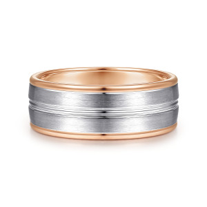 Gabriel & Co. MBH0121-80T4JJJ 14 karat white and rose gold Signature men's wedding band, front view of the polished center groove between two brushed halves and warmer rims