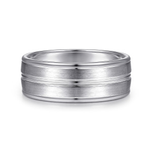Gabriel & Co. MBH0121-80W4JJJ 14 karat white gold Signature men's wedding band, front view of two brushed panels split by a glossy center groove inside rounded rims