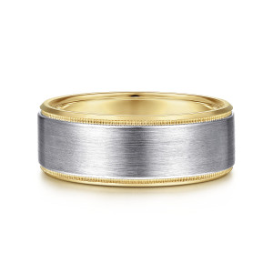 Gabriel & Co. MBH0122-80M4JJJ 14 karat white and yellow gold Signature men's wedding band, front view of the plain brushed face with beaded milgrain and a thin warmer rim on each side
