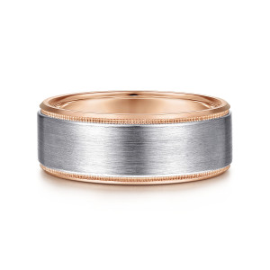 Gabriel & Co. MBH0122-80T4JJJ 14 karat white and rose gold Signature men's wedding band, front view of the flat brushed center with tiny beads and narrow warm rims