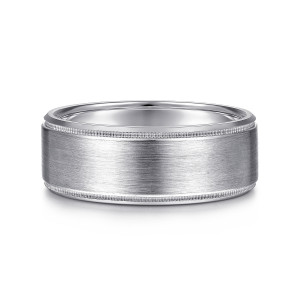 Gabriel & Co. MBH0122-80W4JJJ 14 karat white gold Signature men's wedding band, front view of the brushed flat face between two beaded milgrain lines