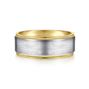 Gabriel & Co. MBH0130-80M4JJJ 14 karat white and yellow gold Signature men's wedding band, front view of the plain satin face bordered by two thin beaded rims in a warmer tone