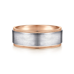 Gabriel & Co. MBH0130-80T4JJJ 14 karat white and rose gold Signature men's wedding band, front view of a brushed flat center with warmer beaded rims on both sides