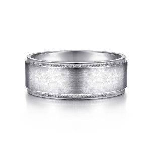 Gabriel & Co. MBH0130-80W4JJJ 14 karat white gold Signature men's wedding band, front view of a flat brushed face lined with fine milgrain along both edges