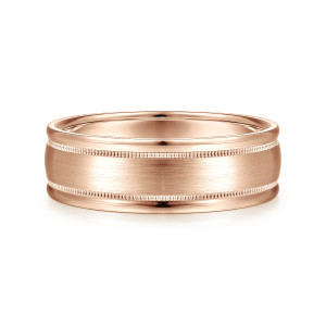 Gabriel & Co. MBH0133-70K4JJJ 14 karat rose gold Classic men's wedding band, front view of a satin center panel bordered by milgrain beads and polished rounded rims