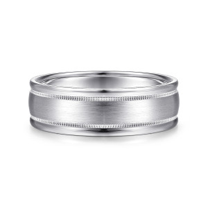 Gabriel & Co. MBH0133-70W4JJJ 14 karat white gold Classic men's wedding band, front view of the satin center panel with beaded borders and smooth polished rims