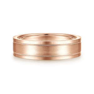 Gabriel & Co. MBH0139-60K4JJJ 14 karat rose gold Classic men's wedding band, front view of the brushed center strip with a line of beads along each side