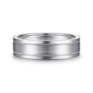 Gabriel & Co. MBH0139-60W4JJJ 14 karat white gold Classic men's wedding band, front view of the satin center strip between two beaded lines and polished shoulders