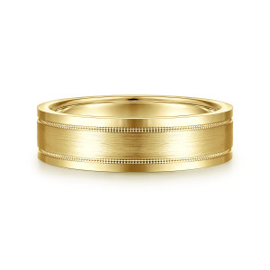 Gabriel & Co. MBH0139-60Y4JJJ 14 karat yellow gold Classic men's wedding band, front view of a brushed satin panel bordered by beaded lines and glossy shoulders