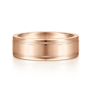 Gabriel & Co. MBH0140-70K4JJJ 14 karat rose gold Classic men's wedding band, front view of the flat polished face with a beaded line along each side