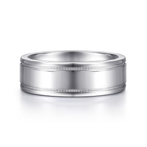 Gabriel & Co. MBH0140-70W4JJJ 14 karat white gold Classic men's wedding band, front view of a glossy flat face between two fine beaded lines