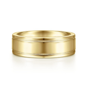 Gabriel & Co. MBH0140-70Y4JJJ 14 karat yellow gold Classic men's wedding band, front view of the flat smooth face with a beaded row near each edge and polished rims