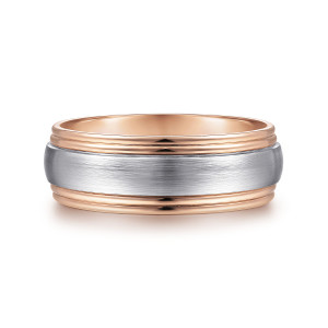 Gabriel & Co. MBH0150-80T4JJJ 14 karat white and rose gold Signature men's wedding band, front view of a brushed center panel between stepped polished ridges on each side