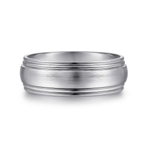 Gabriel & Co. MBH0150-80W4JJJ 14 karat white gold Signature men's wedding band, front view of a satin center framed by two polished steps on each side