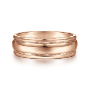 Gabriel & Co. MBH0154-70K4JJJ 14 karat rose gold Classic men's wedding band, front view of a smooth glossy dome with a thin beaded line above and below it