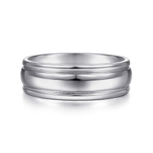 Gabriel & Co. MBH0154-70W4JJJ 14 karat white gold Classic men's wedding band, front view of the domed polished center with a fine milgrain line along each side
