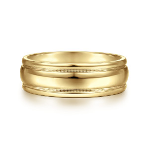 Gabriel & Co. MBH0154-70Y4JJJ 14 karat yellow gold Classic men's wedding band, front view of the domed polished center between two fine milgrain rows