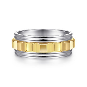 Gabriel & Co. MBH0161-80M4JJJ 14 karat white and yellow gold Exclusive men's wedding band, front view of the row of raised polished blocks between rounded ribs on both sides