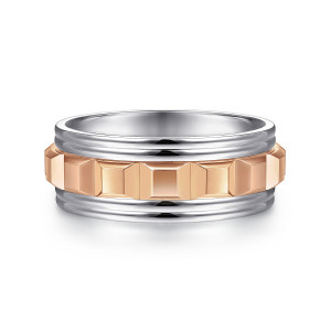 Gabriel & Co. MBH0161-80T4JJJ 14 karat white and rose gold Exclusive men's wedding band, front view of the raised faceted block strip above grooved polished rails