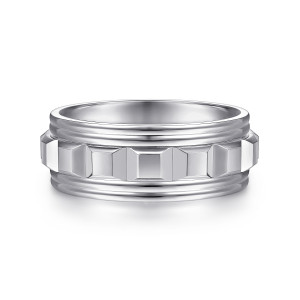 Gabriel & Co. MBH0161-80W4JJJ 14 karat white gold Exclusive men's wedding band, front view of the raised beveled blocks between rounded polished ridges