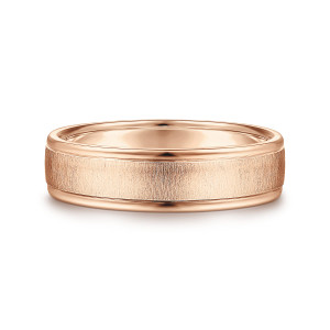 Gabriel & Co. MBH0164-60K4JJJ 14 karat rose gold Classic men's wedding band, front view of the brushed satin center set between two glossy rounded rails